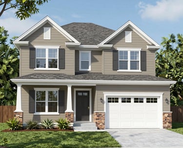 Modern two-story suburban home with grey siding, white trim, stone accents, and a two-car garage.