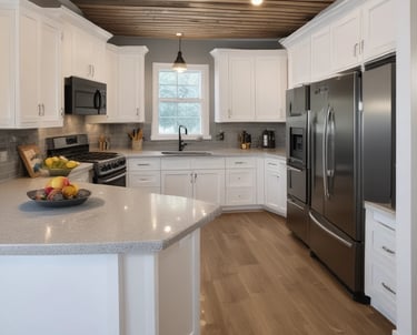 Modern kitchen with white shaker cabinets, quartz countertops, and a rustic wood plank ceiling.