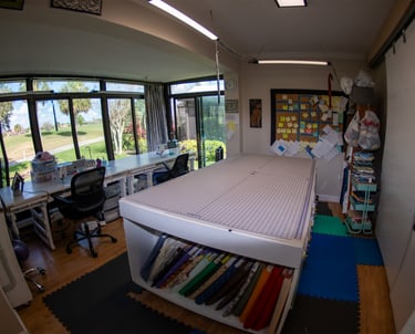 Quilting studio workspace at Stitches N Ditches.