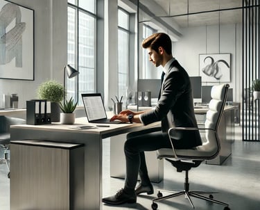 Man sat a desk in a modern office using AI automation to generate feedback from customers
