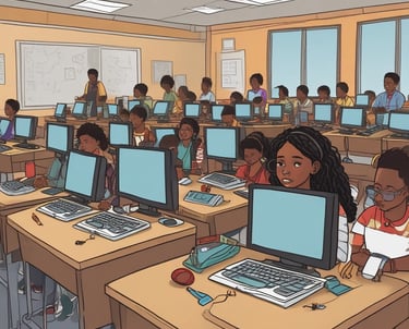 A classroom scene where a student seated at a desk is using a tablet with an external keyboard. The student is wearing headphones. In the background, other students are also using tablets and working at their desks. The classroom has educational posters on the walls and a whiteboard at the front.