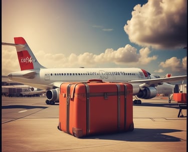 ein Koffer und ein Flugzeug auf einer Landebahn auf einem Flughafen