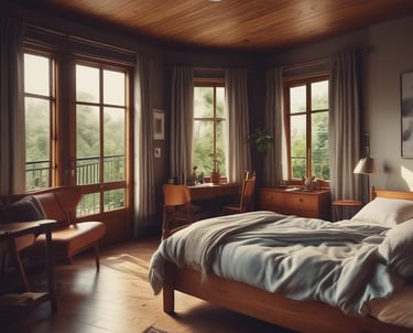die Sonne scheint hell durch die Bäume in ein Zimmer