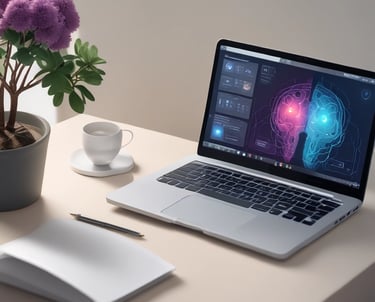 A laptop displaying a webpage about optimizing language models rests on a wooden table. To the left of the laptop is a white cup containing coffee, with remnants of foam around the edges. A colorful laminated menu stand with a sandwich picture is positioned behind the cup.