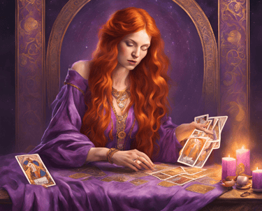 apprendre le tarot en un clin d'œil une femme en robe violette assise à une table avec un tarot