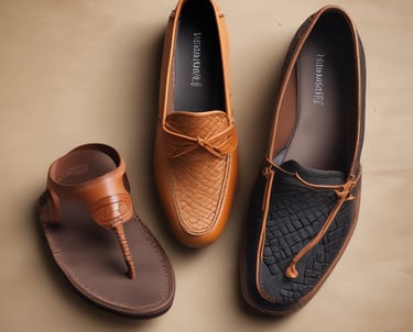 A well-arranged display of various leather goods including bags, belts, and shoes.