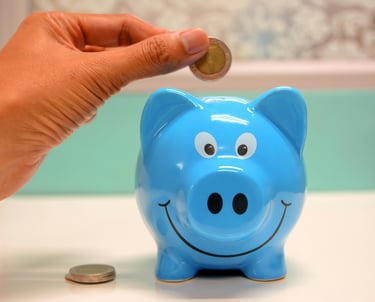 a person putting a coin in a piggy bank