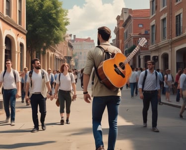 a man riding a skateboard down a street next to tall buildings