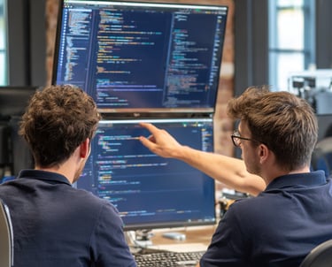 two men sitting at a desk with a computer monitor