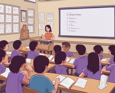 A classroom filled with children engaging in an English lesson.