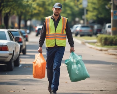 A friendly valet collecting trash bags from apartment doorsteps.
