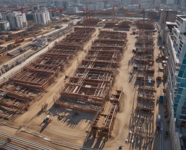 A construction site is situated between tall, residential high-rise buildings. The focus is on a tall, yellow construction crane towering over the site, surrounded by green scaffolding and construction barriers. The road curves towards the construction site, and a few air conditioning units are visible on the sides of the nearby buildings.