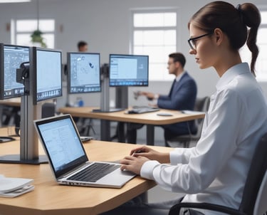 A diverse group of young professionals studying together in a modern workspace.