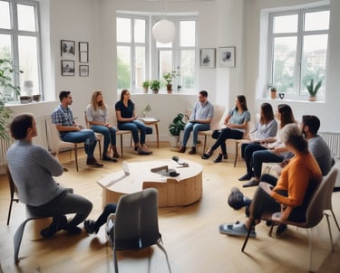 A serene office space with plants and soft lighting.