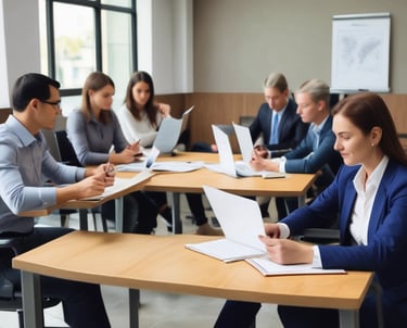 A professional consultant discussing safety protocols with a team in an office setting.