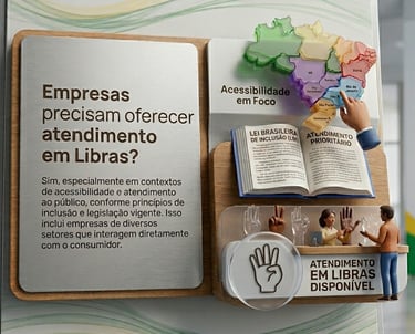 Painel explicativo 3D com o mapa do Brasil e abaixo um livro mostrando LBI e atendimento prioritário