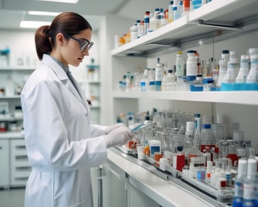 A laboratory setting features a wooden countertop lined with a series of volumetric flasks containing liquids of various colors, such as clear, orange, and green. Behind the flasks, there are shelves with chemical containers, and windows with patterned yellow curtains allow natural light to enter. The setting suggests an environment focused on scientific research or experimentation.