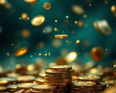 Golden Bitcoin coins and paper currency floating in the air, symbolizing secure digital investment g