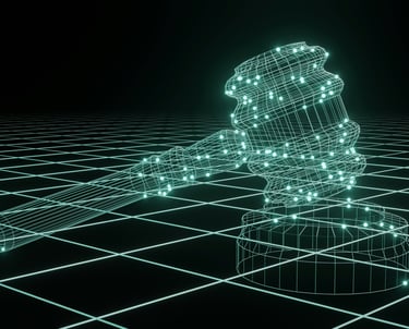 3D digital judge’s gavel with blockchain-inspired design on a dark background, symbolizing fairness