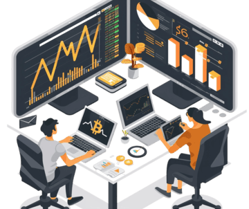 Two people sitting at a desk in front of large wall monitors displaying crypto charts and blockchain