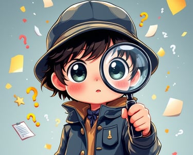 A charming young detective with oversized expressive eyes holds a magnifying glass while investigati
