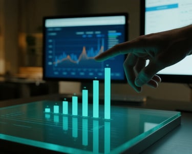 Hand pointing at a glowing analytics dashboard with teal data points rising upward on a navy backgro