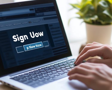 Close-up of a person using a laptop, with the screen showing a webpage that features a large “Sign N