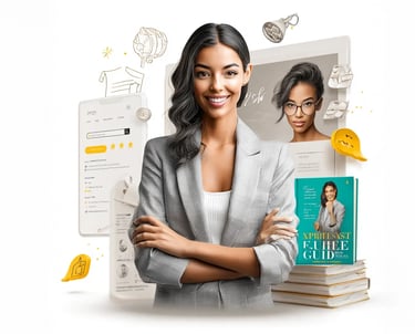 Mujer profesional con blazer gris, brazos cruzados y fondo de smartphone, pantalla y libro, ilustrando cómo fortalecer la aut