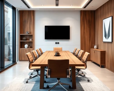 sala de reuniao de escritorio corporativo com mesa de madeira tv e paineis.
