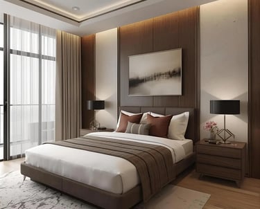 projeto de arquitetura de dormitório suíte com tons amadeirados e cama.