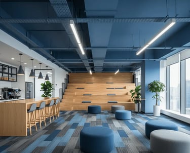 Area de descompressao de empresa com carpete azul e cinza teto azul móveis amadeirados e puffs azuis com bancada e banquetas