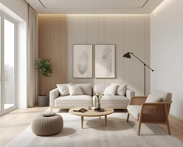 sala de estar com quadros sofa claro painel ripado e planta