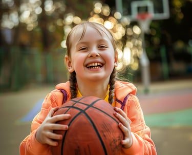 Un petite fille, heureuse d'avoir un ballons de Basket dans les main 