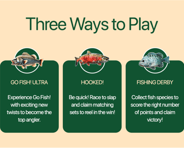 Three game modes of HOOKED! – Go Fish! Ultra, Hooked!, and Fishing Derby.