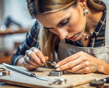 a woman in workwear carefully crafting a handmade piece of jewellery