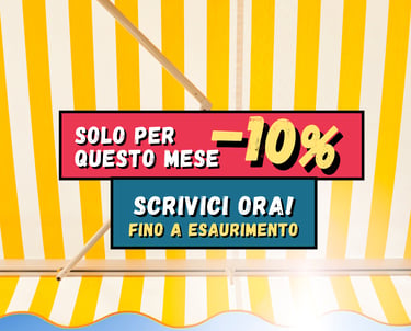 Grafica promozionale con scritta “Solo per questo mese -10%” su sfondo a righe gialle e bianche.
