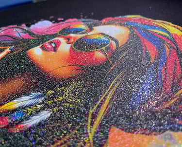 a picture of a woman with a colorful painting on it