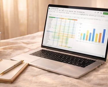 clean workspace with laptop showing spreadsheet, notebook and pen in warm natural light