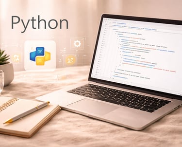 Python programming workspace with laptop displaying code, notebook and pen on desk, representing data automation & scripting