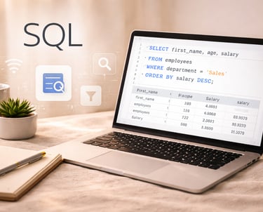 Laptop displaying SQL query with data table results on screen, representing structured data analysis and database querying
