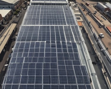 A row of solar water heaters is installed on the rooftop of a building, with the units aligned in parallel. The background features a clear sky transitioning into a warm, early morning or late afternoon glow.