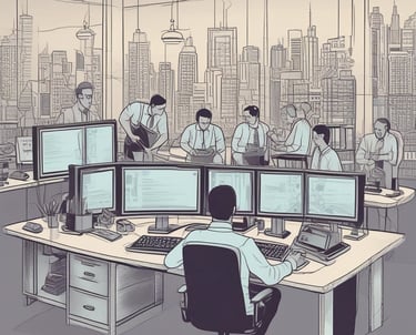 The image depicts an office space with several computer monitors on desks. A red digital display on the wall reads 'Portal Correio'. The room has glass partitions and a modern, streamlined design. Overhead fluorescent lights provide illumination.