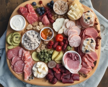 a wooden plate topped with different types of cheese