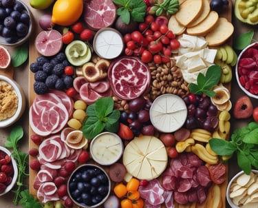 A table is set with a tray of charcuterie including meats, pickles, and garnishes, surrounded by potted lavender plants in purple pots. There is also a basket of sliced bread. The setting appears casual and outdoors, suggesting a relaxed dining experience.