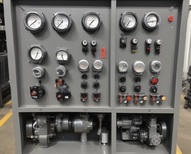 Technician inspecting a hydraulic power unit in an industrial setting.
