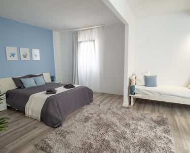 a bedroom with a bed and a couch