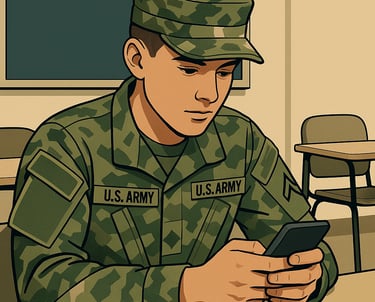 A stylized vector illustration of a young enlisted U.S. Army soldier in uniform.