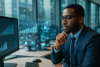 a man in a suit and tie is sitting at a desk with a computer monitor