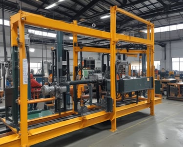 A large industrial space with massive machinery, including engines and generators. Two workers are operating and maintaining the equipment on a checkered floor under a high ceiling with steel beams.