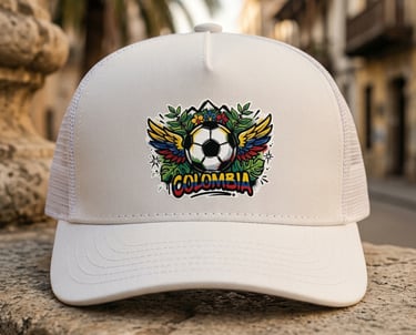 White La Cresta Snapback hat with colorful Colombian crest featuring soccer ball, wings, and graffit